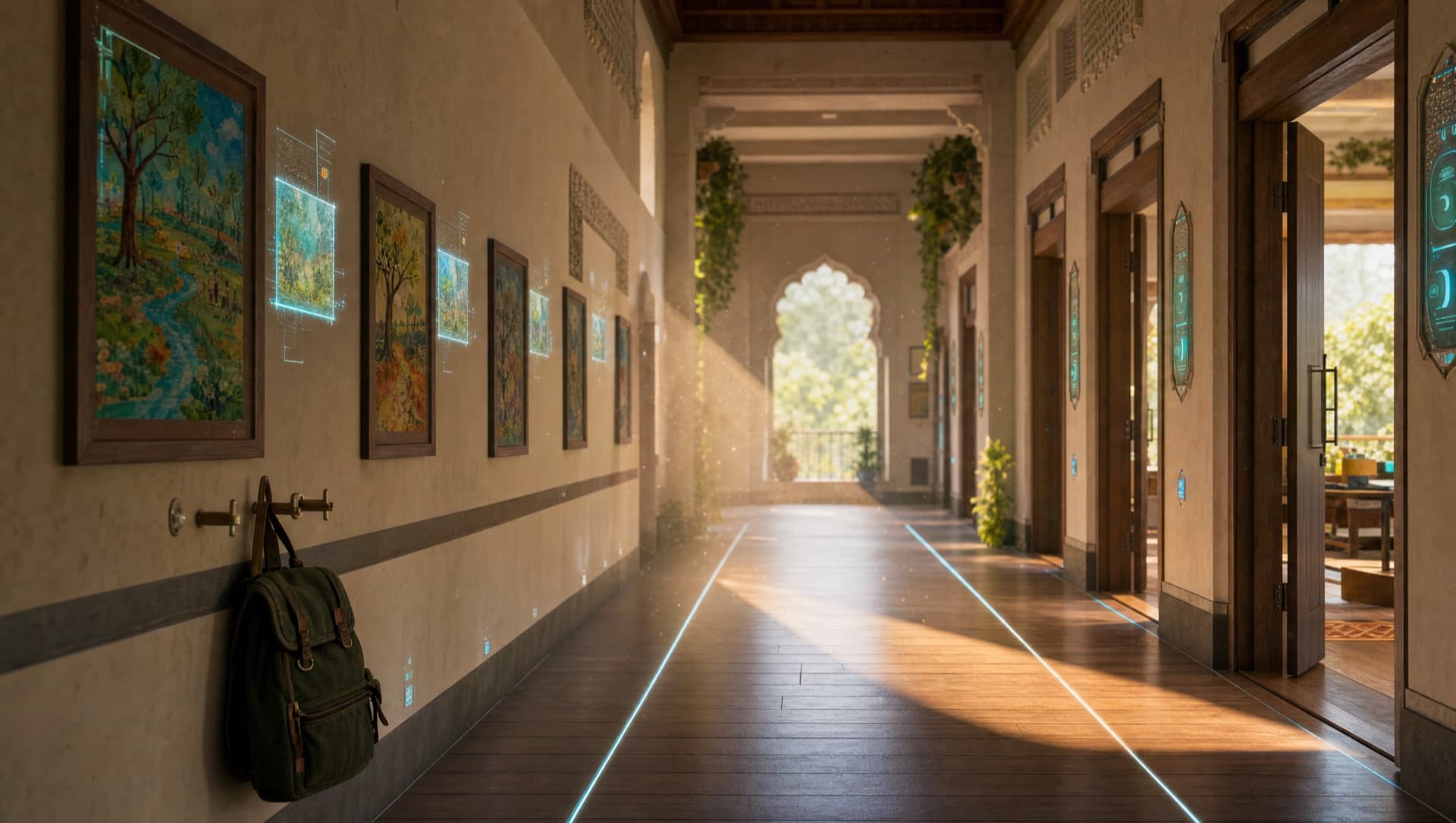 A school corridor with framed children's artwork