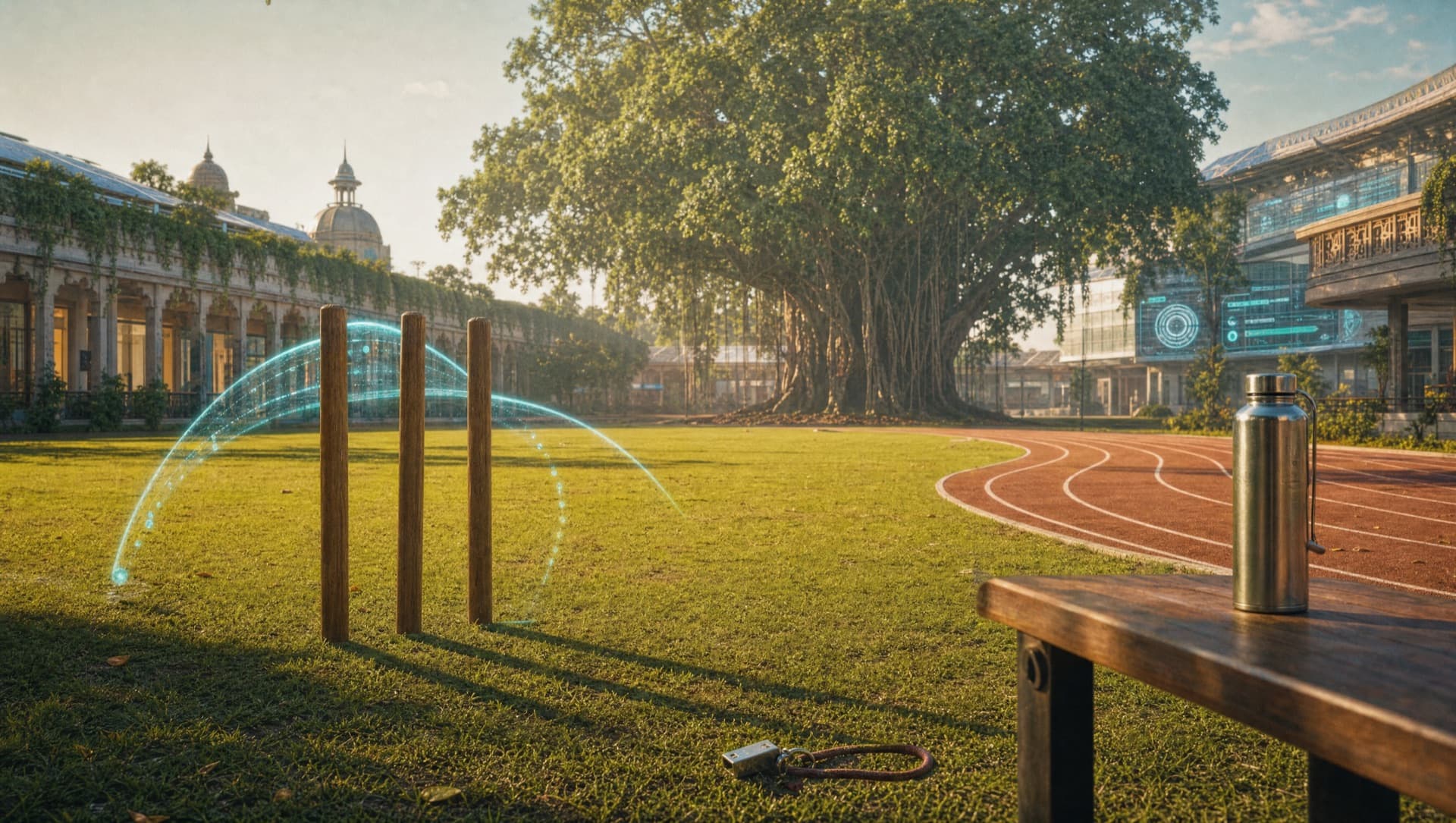 An empty cricket ground with banyan trees