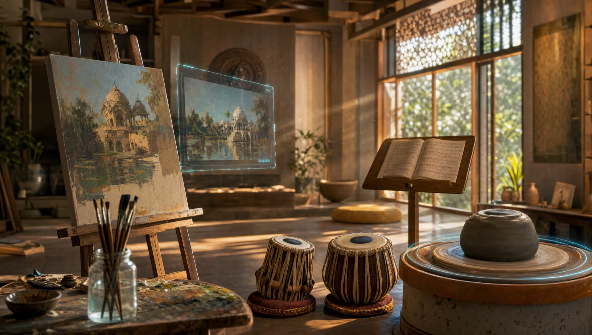 An empty arts room with easel, tabla and pottery wheel