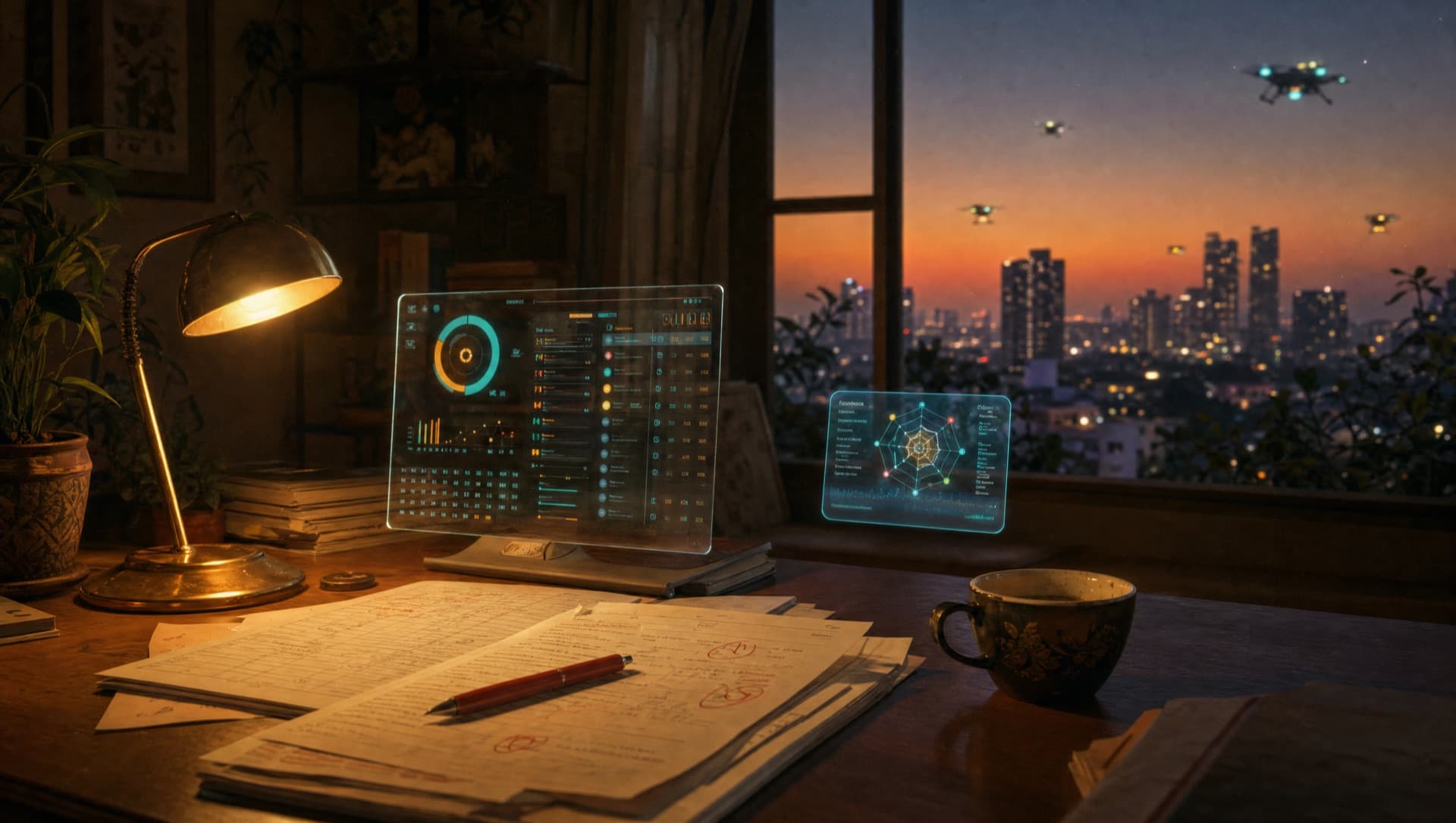 A teacher's home desk at dusk overlooking Bangalore