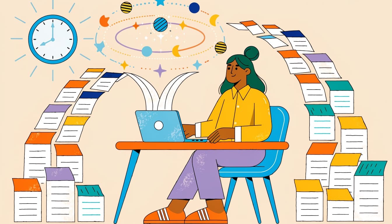 Illustration of a teacher at a laptop while friendly AI sparkles sort papers into neat piles