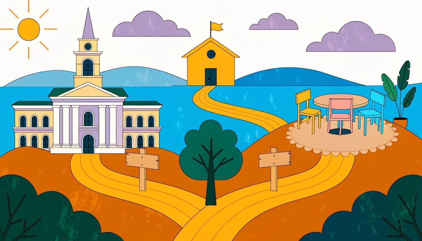 Illustration of a forked path with two signposts, one route passing a university and the other a primary classroom, rejoining at a schoolhouse