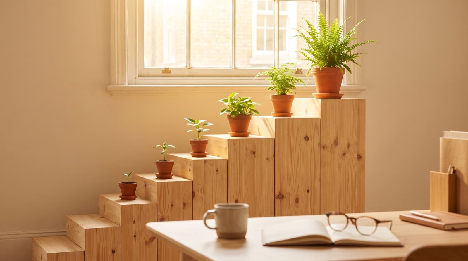 A staircase of wooden blocks rising toward a sunlit window, symbolising a teacher's step-by-step career growth