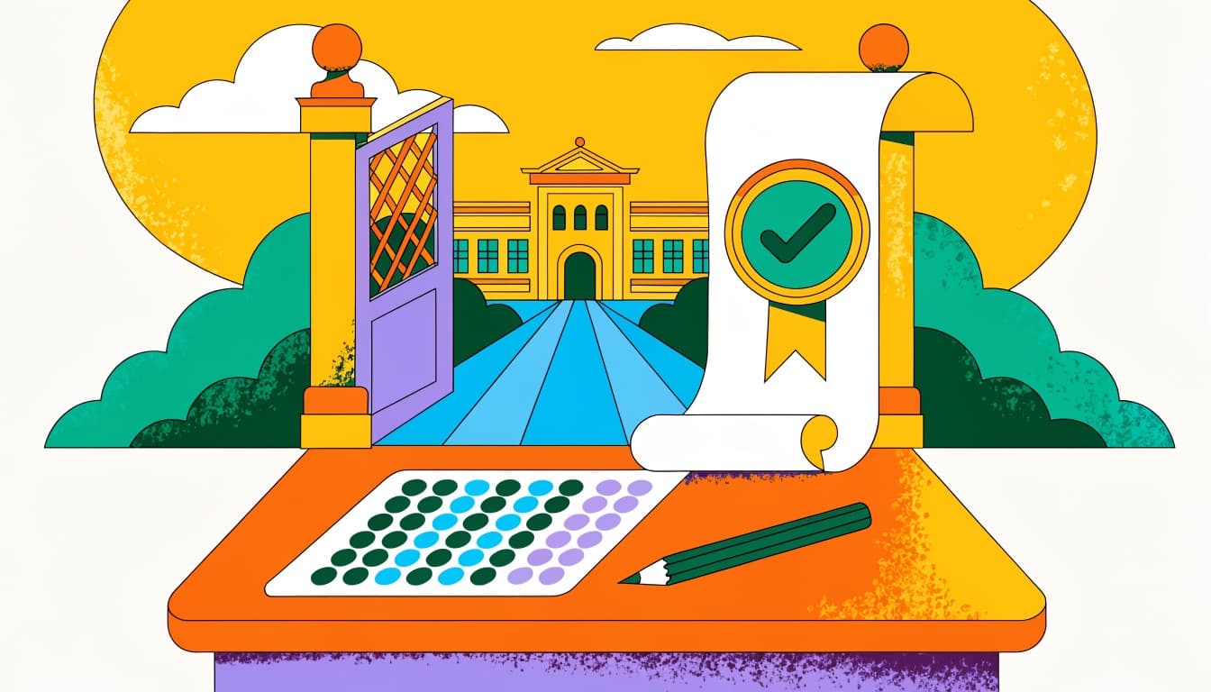 Illustration of an exam answer sheet, a sealed certificate with a check-mark medal, and an open gate to a school