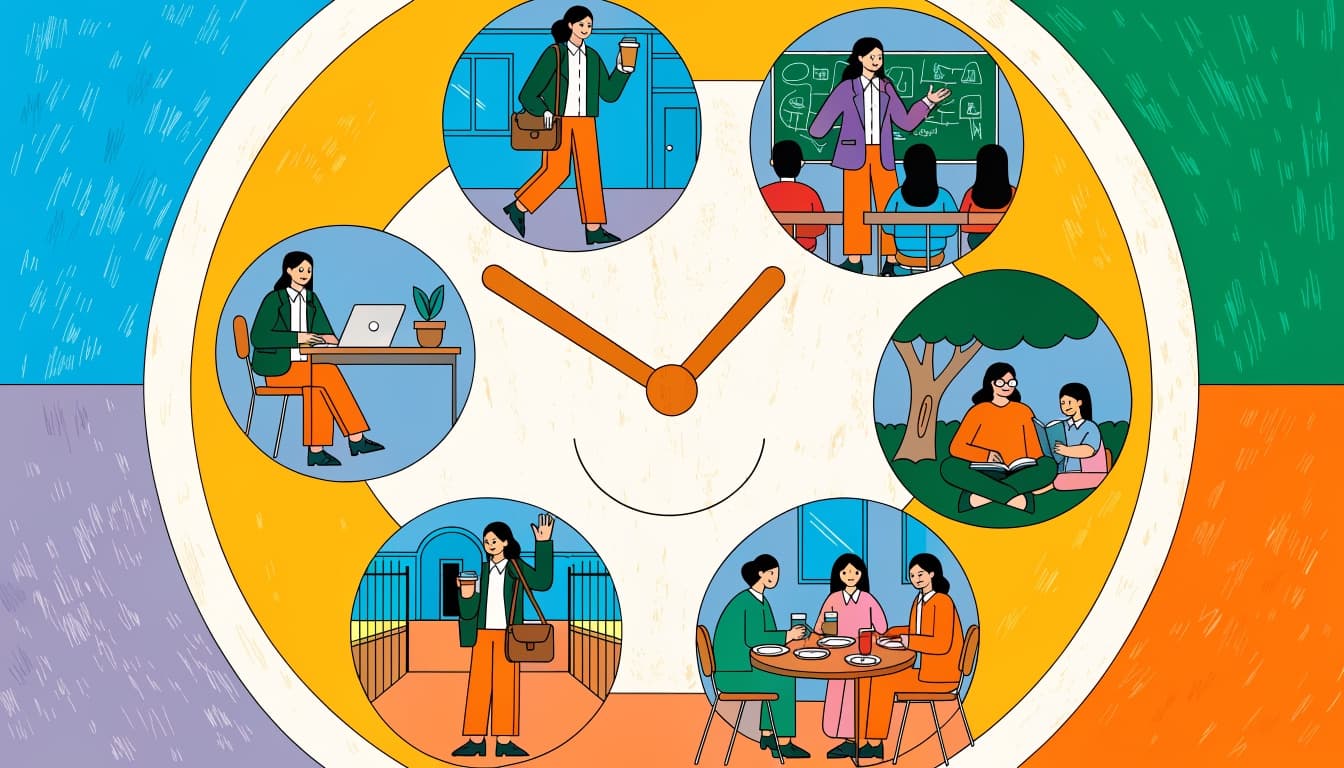 Illustration of a clock surrounded by vignettes of a teacher's day from arrival to afternoon goodbye