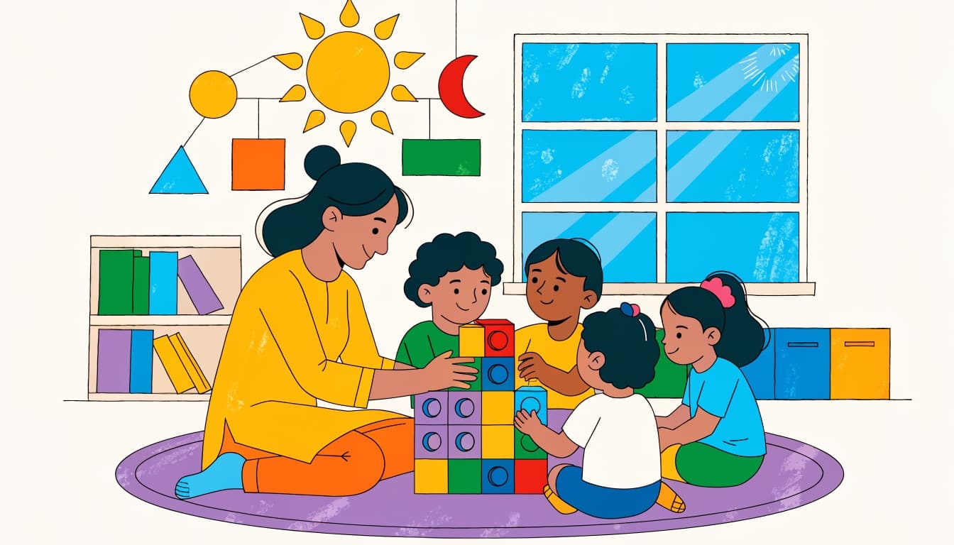 Illustration of an early-years teacher building blocks with kindergarten children on a classroom rug