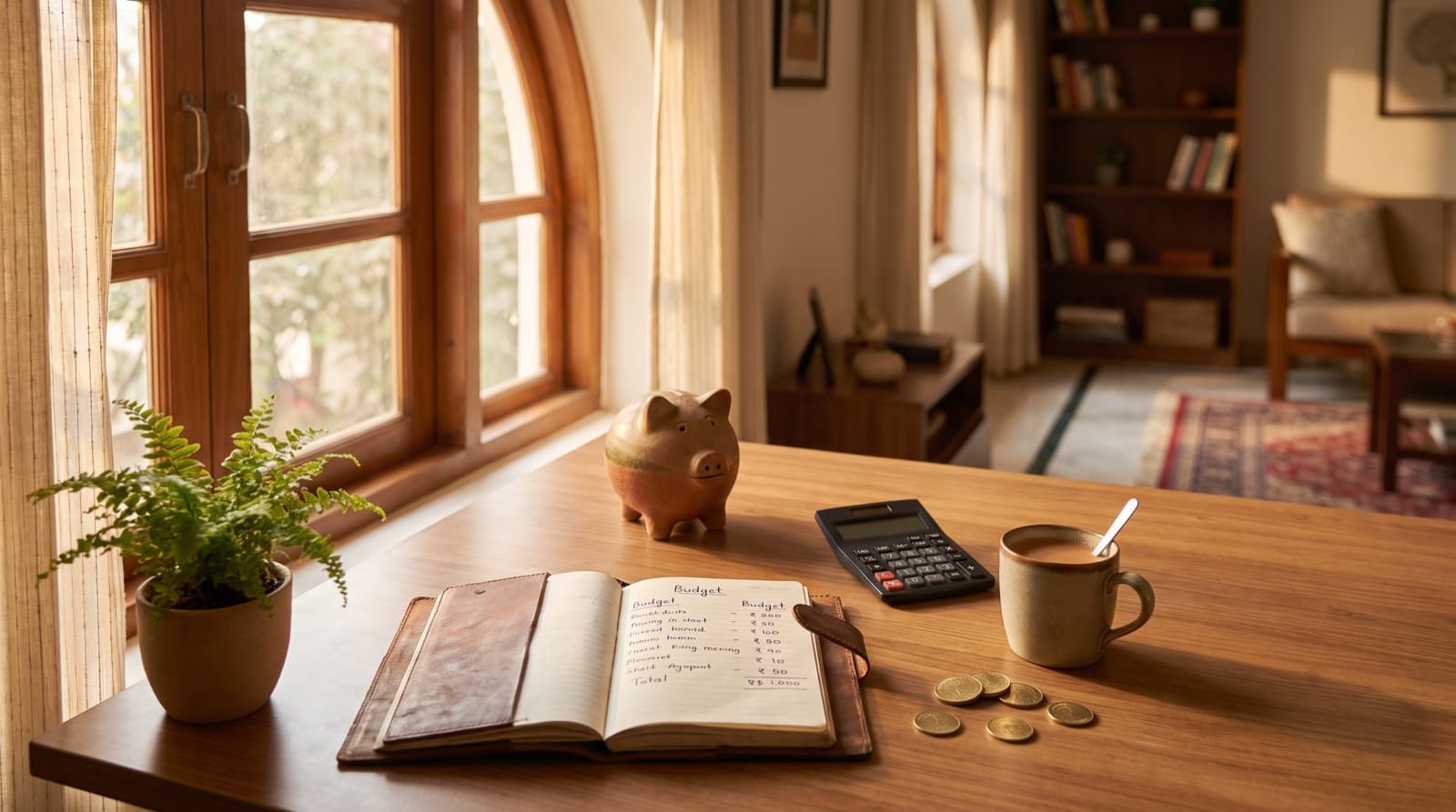 A teacher's sunlit desk with a handwritten budget notebook, a piggy bank, a calculator, coins and a cup of chai in a cosy Indian home