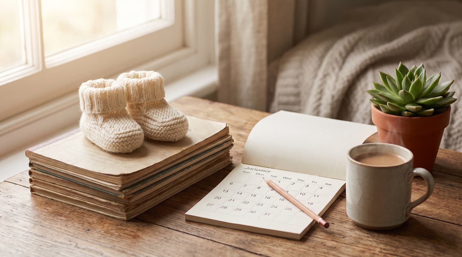 Knitted baby booties resting on a stack of school books beside a calendar and a cup of chai by a sunlit window