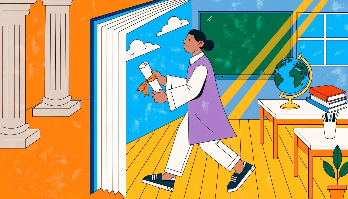 Illustration of a graduate holding a degree scroll stepping through a book-shaped doorway into a CBSE classroom