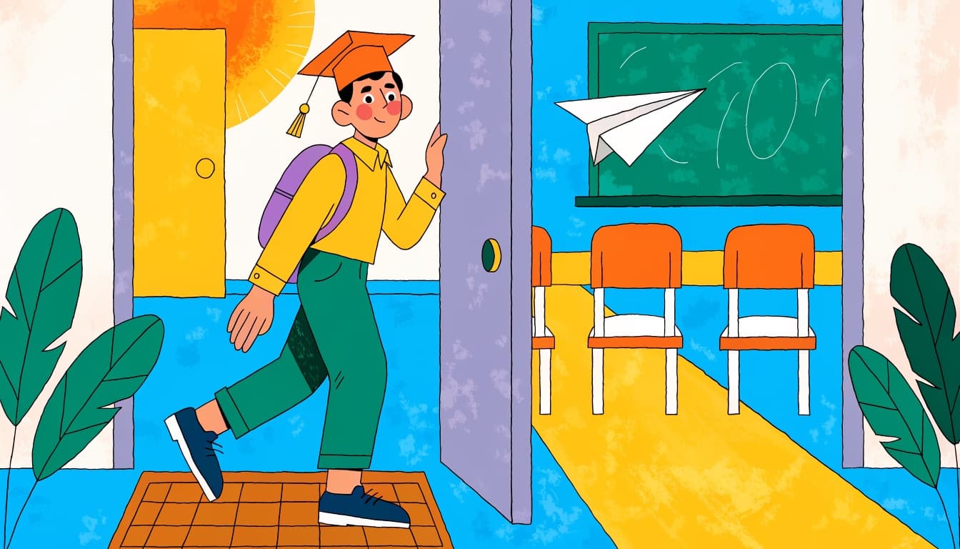 Illustration of a young graduate stepping through an open classroom door onto a welcome mat in morning light