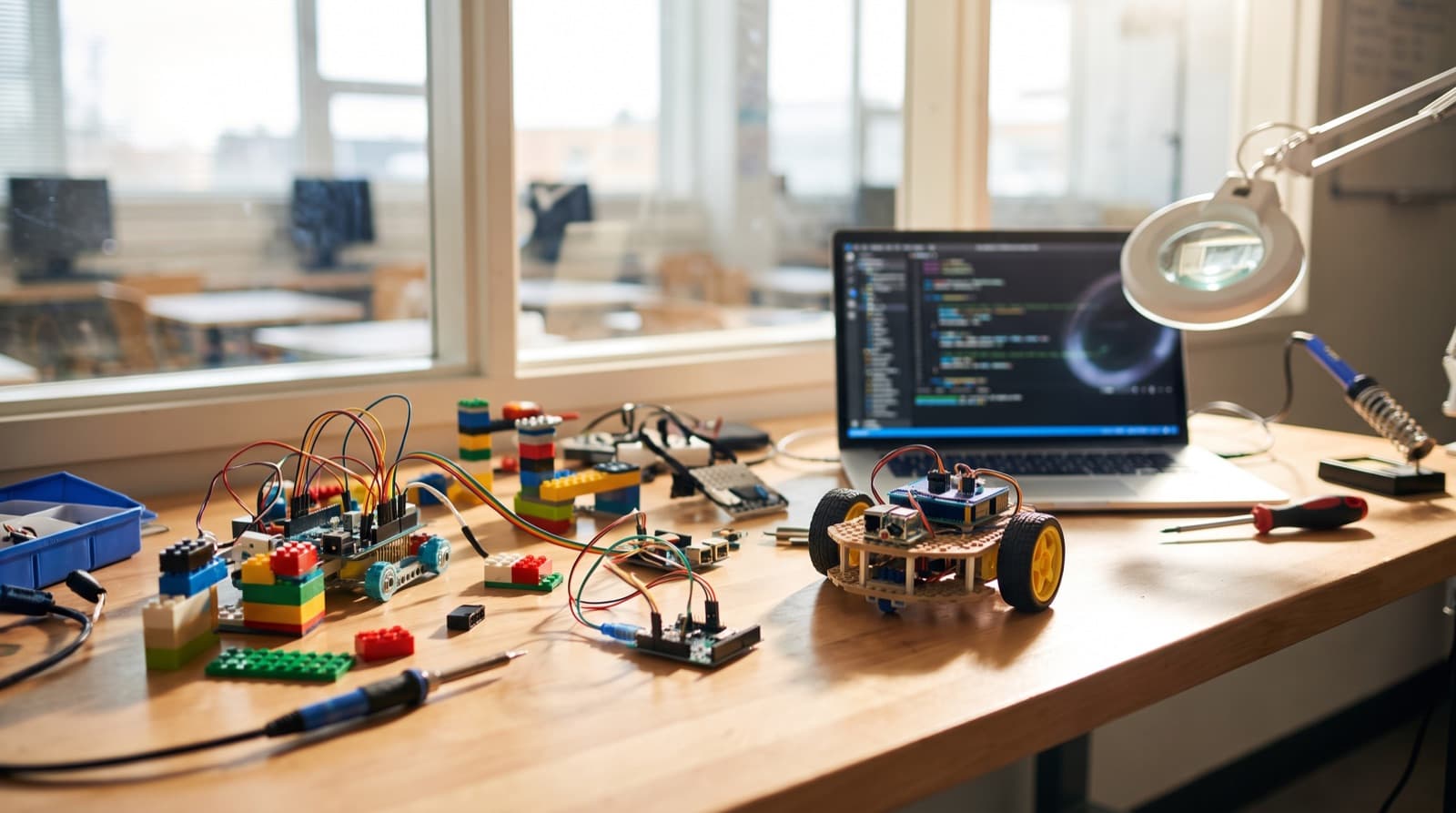 Children's robotics and maker-space projects on a workbench — circuit boards, building blocks and a laptop in a bright lab