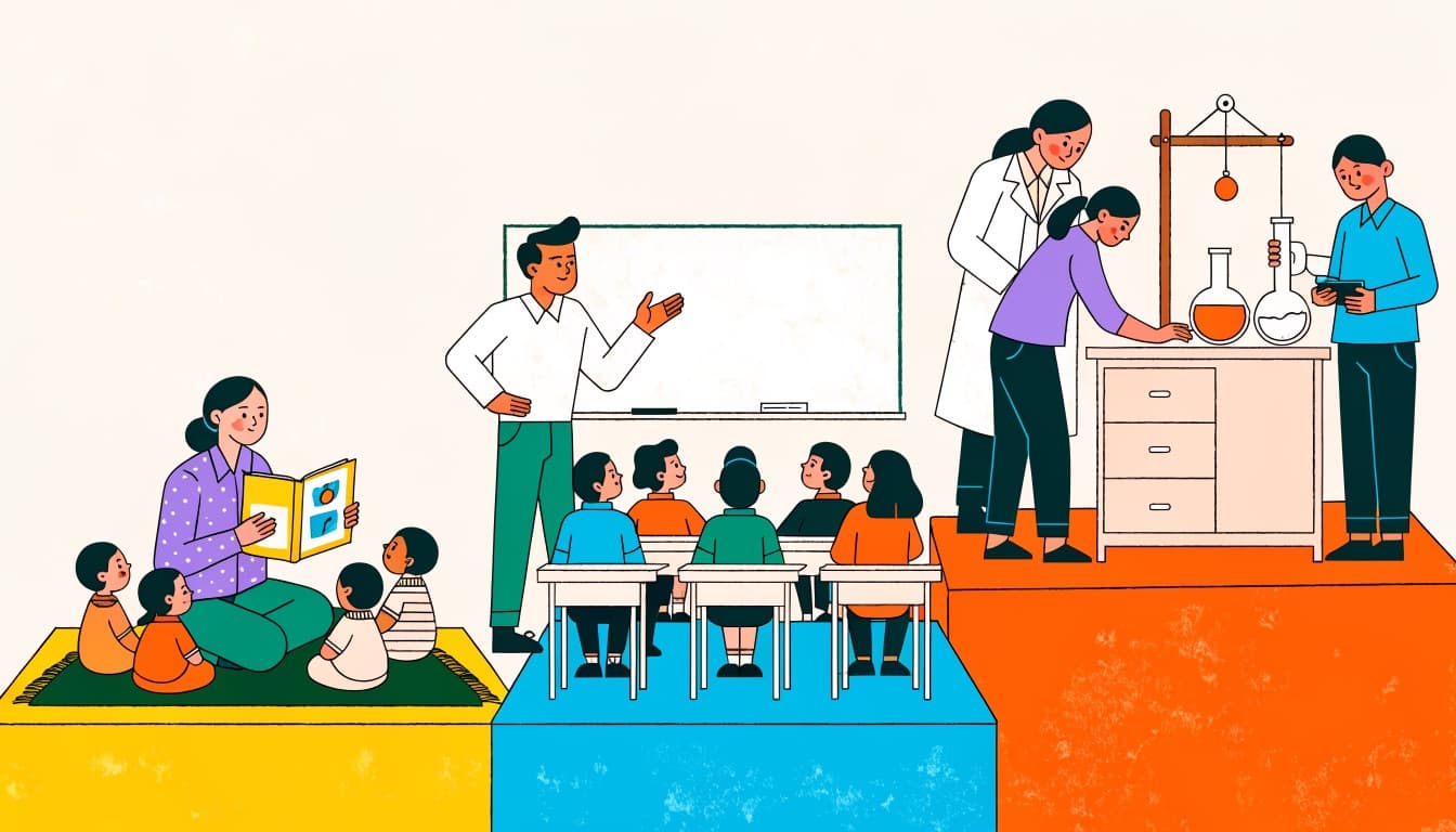 Illustration of three teachers on ascending platforms teaching primary, middle and senior students