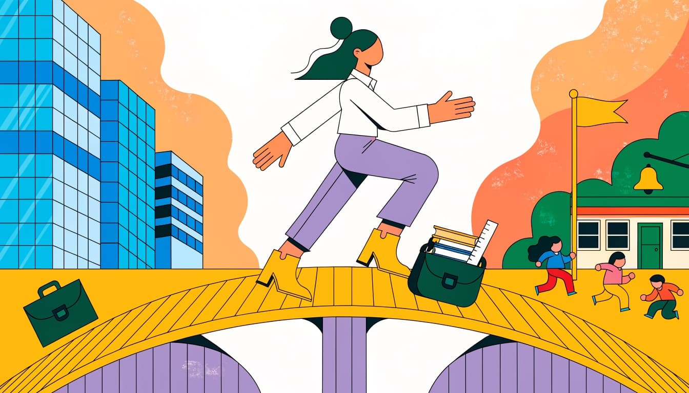 Illustration of a professional crossing a bridge from office towers to a school, briefcase turning into a teacher's satchel