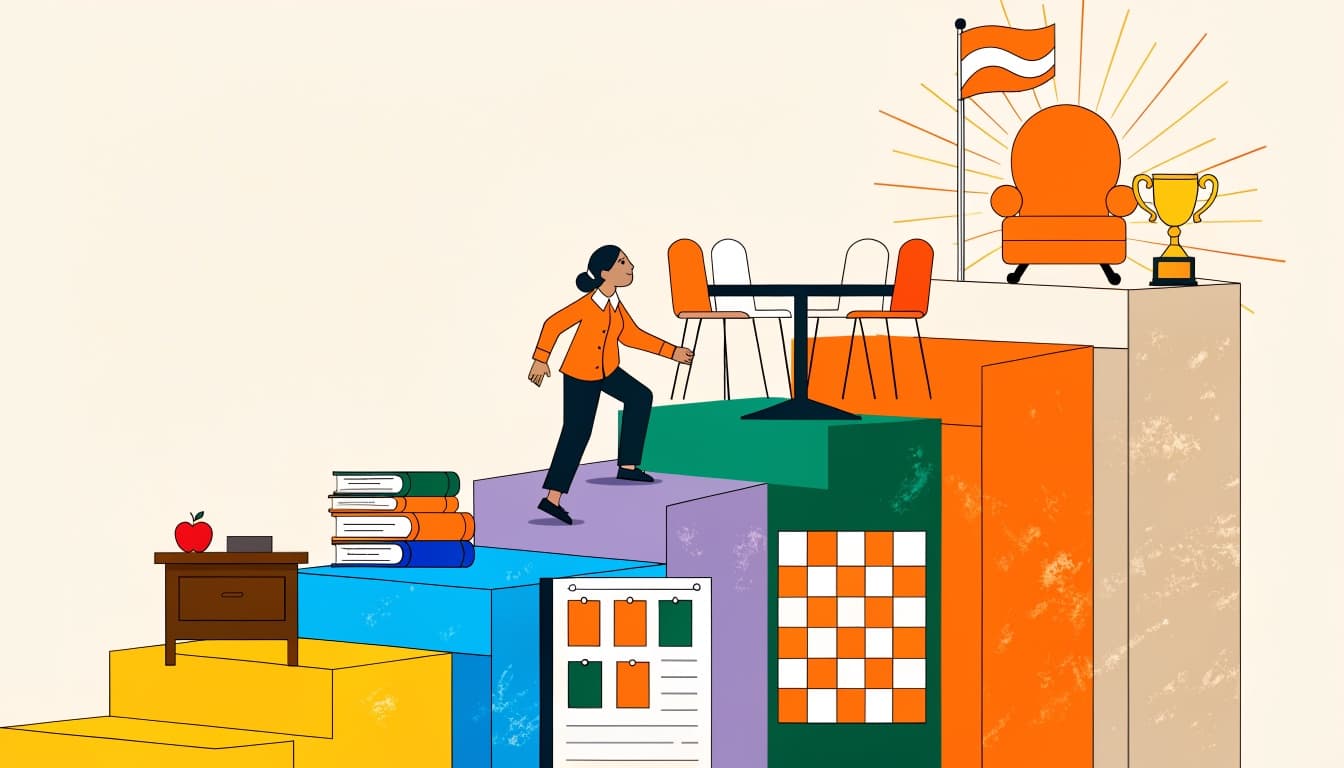 Illustration of a teacher climbing a staircase from a classroom desk to a principal's chair