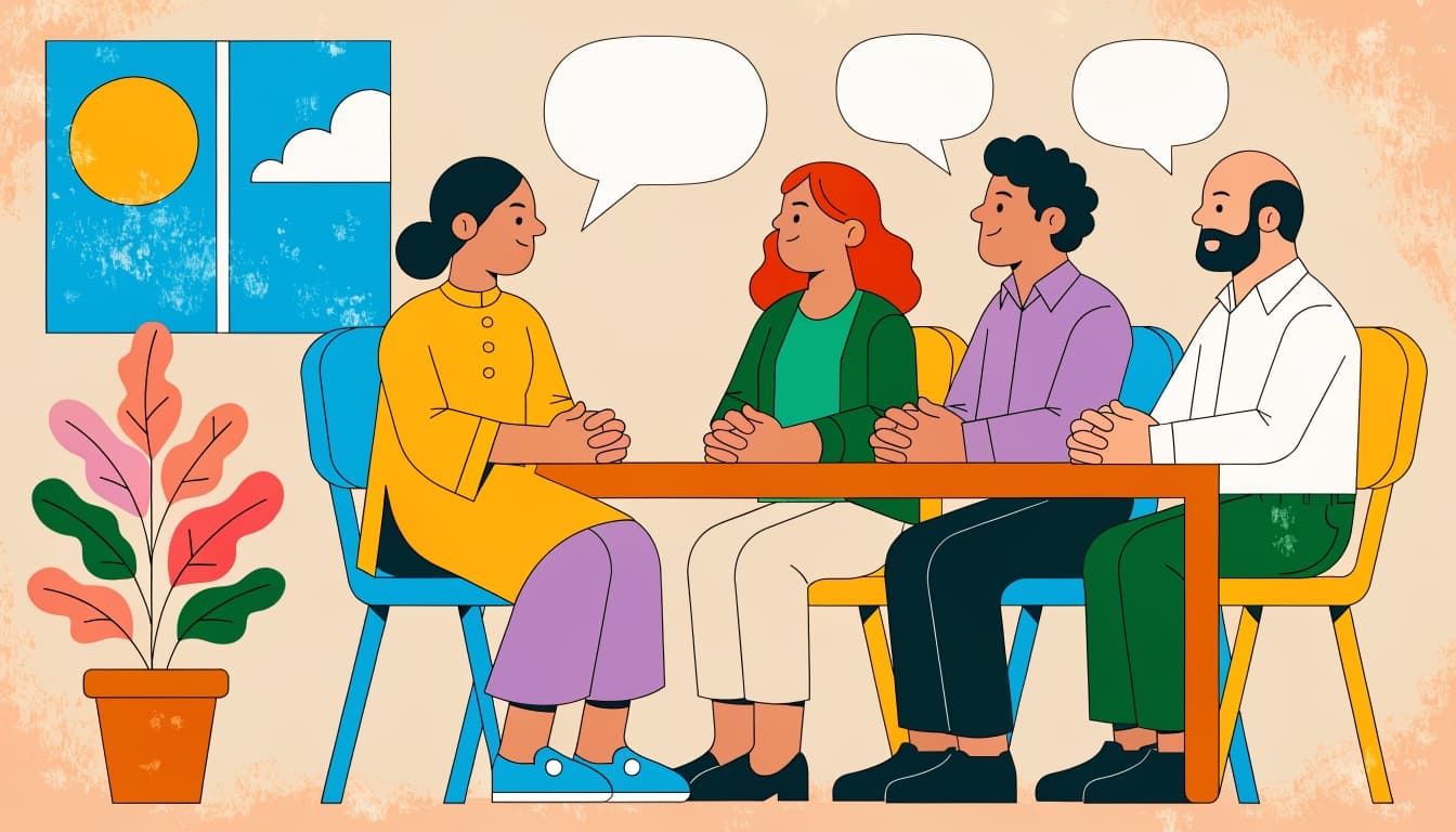 Illustration of a candidate in conversation with a friendly school interview panel