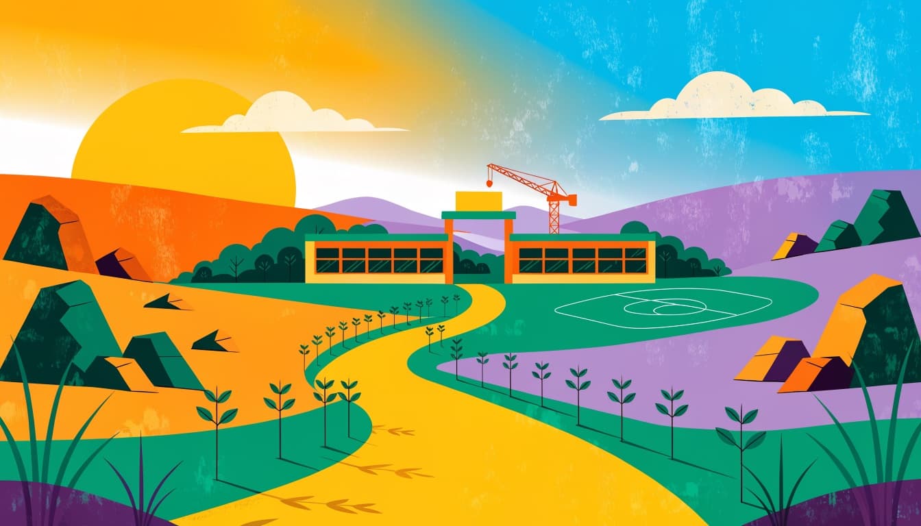 Illustration of sunrise over a newly built school campus with an open gate and football field in North Karnataka