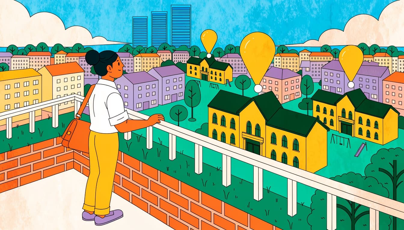Illustration of a teacher overlooking the Bangalore skyline with location pins above school buildings