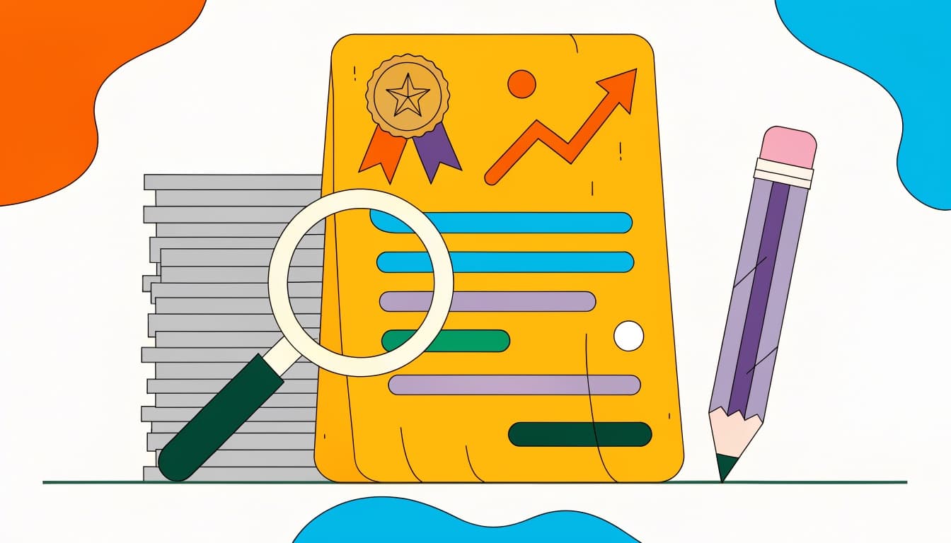 Illustration of a standout resume with a star seal and magnifying glass rising above a stack of plain papers