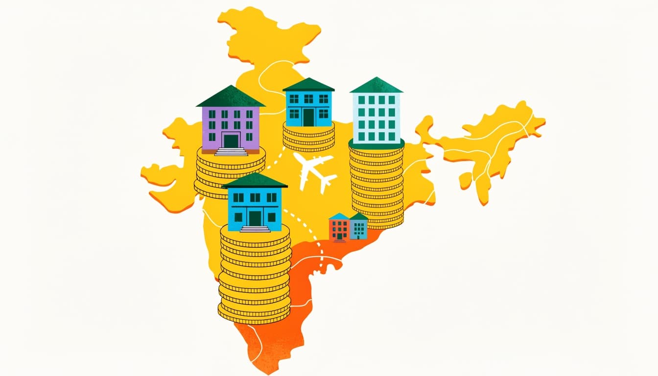 Illustration of a map of India with columns of coins of different heights rising over major cities