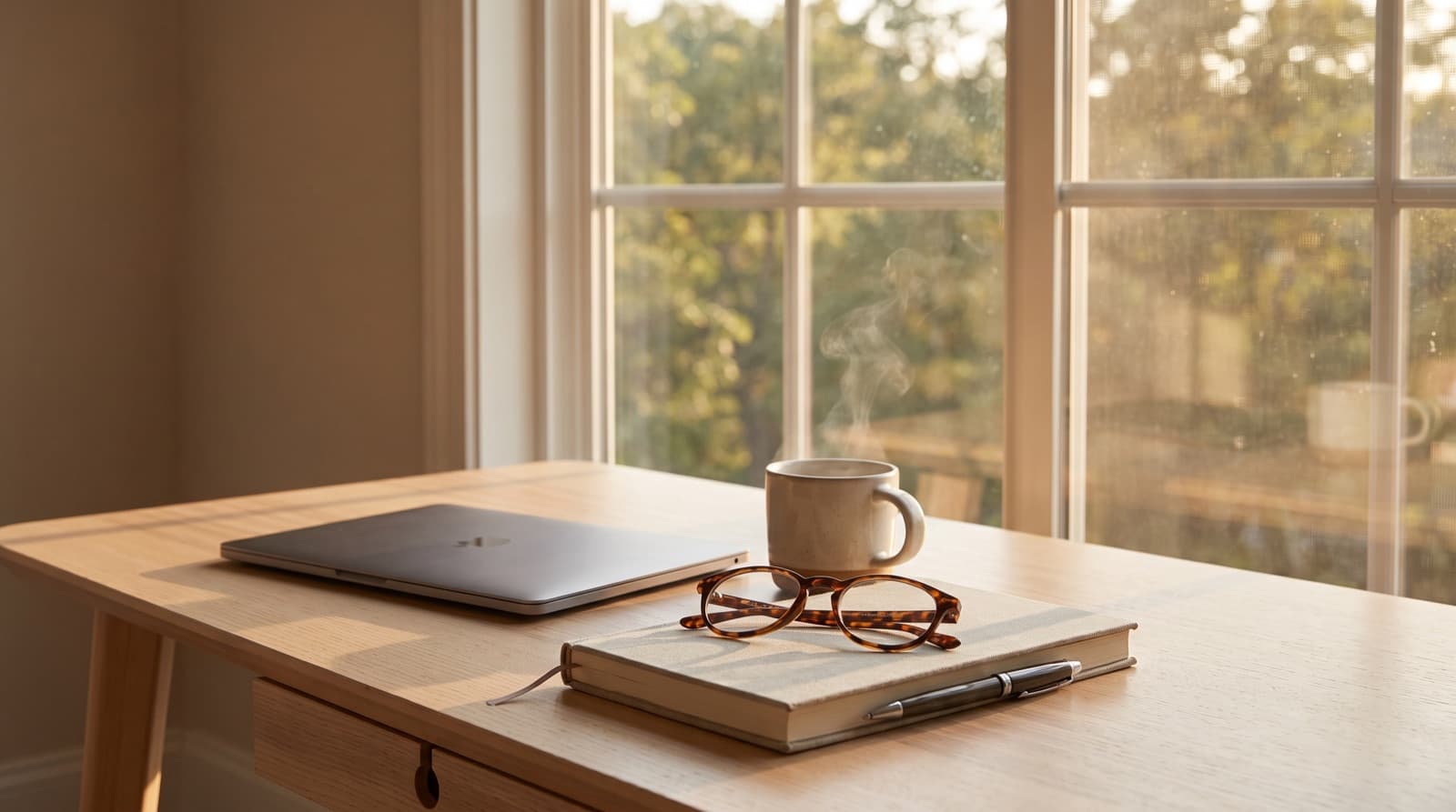 A calm end-of-day desk with a closed laptop, a cup of tea and reading glasses resting on a notebook, in warm light from a window overlooking trees