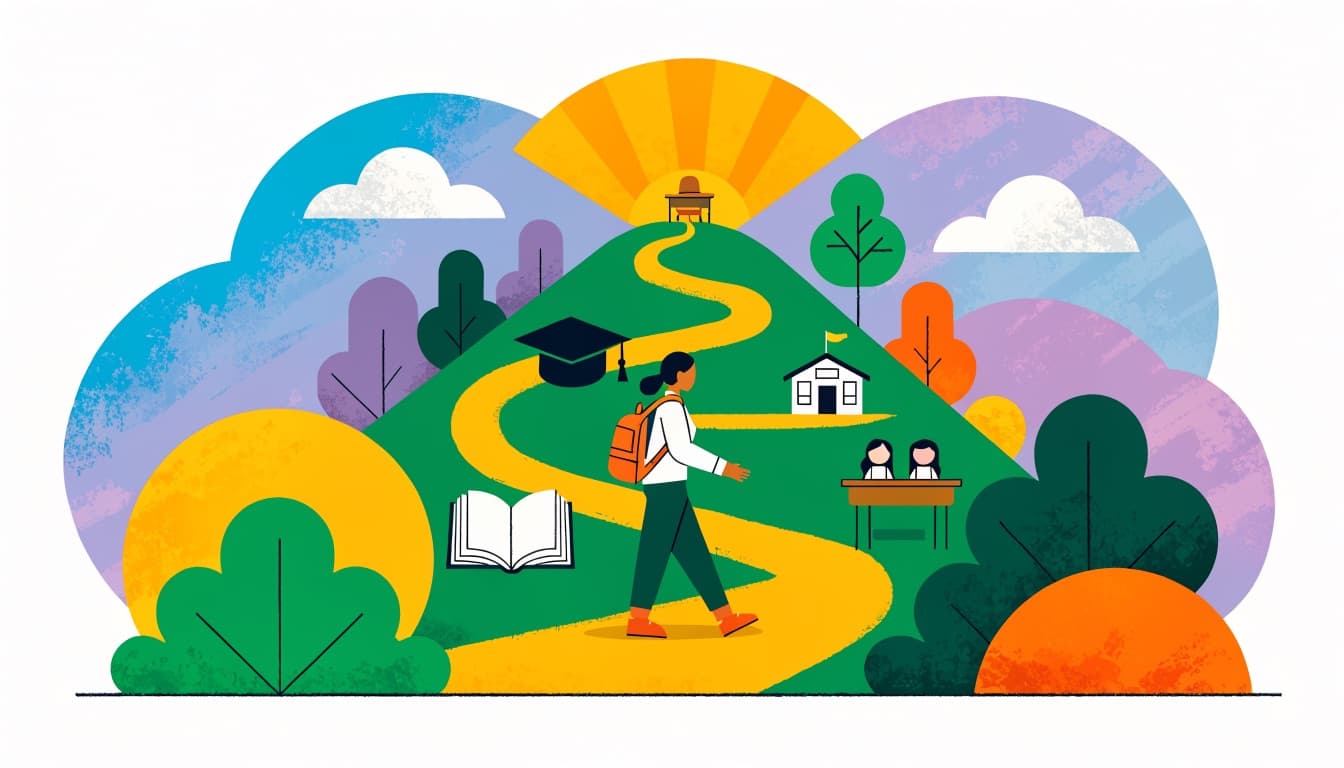 Illustration of a teacher walking a winding path past career milestones from graduation to a principal's office