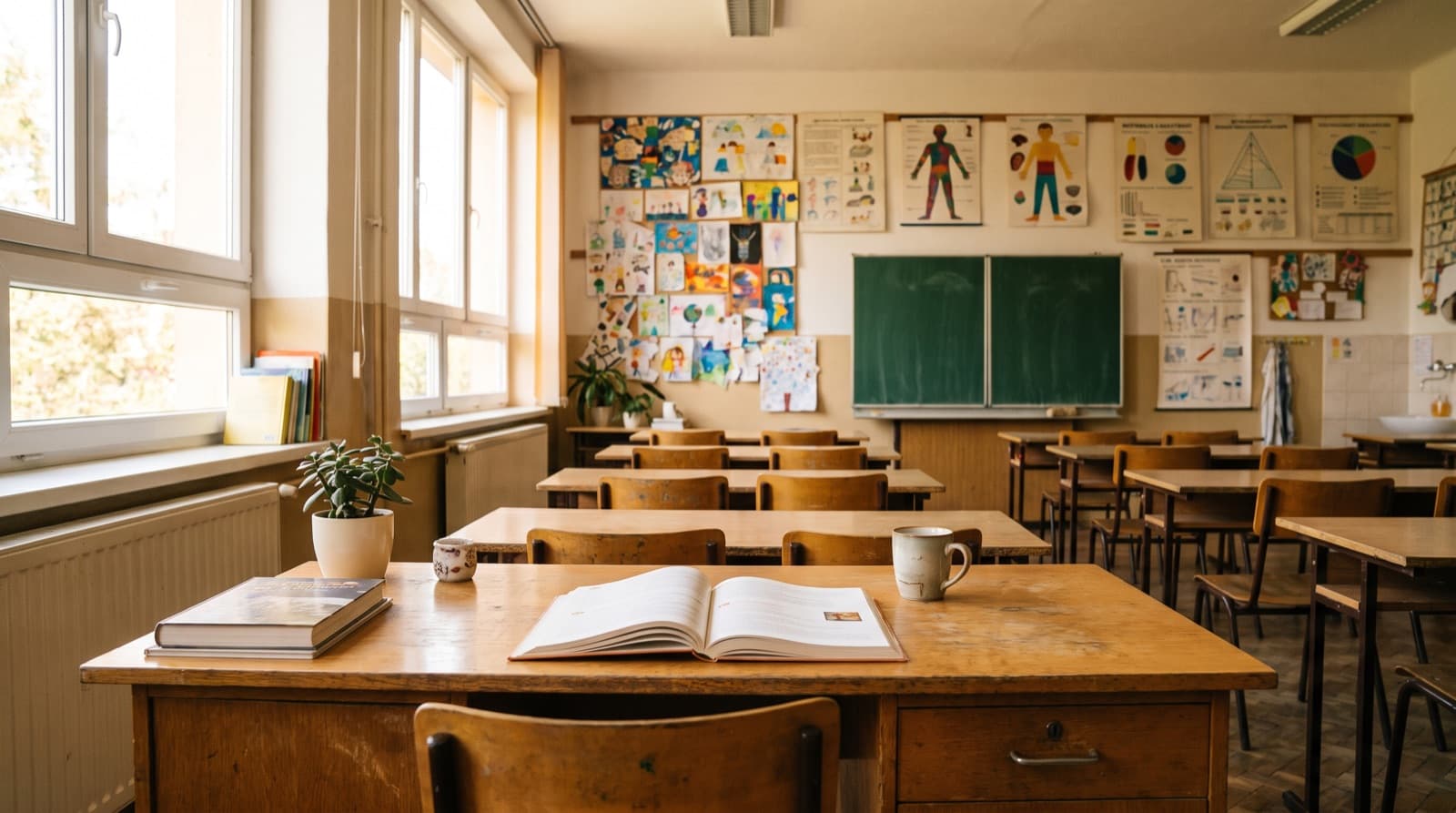 A warm, well-lit CBSE classroom with a teacher's desk, an open textbook and student work displayed on the wall