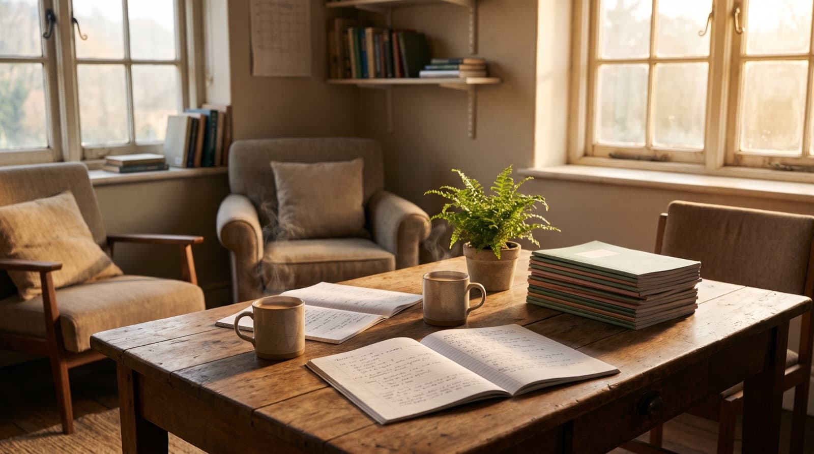 A bright NCFE staffroom corner with mugs of chai, open notebooks and lesson materials on a wooden table in warm morning light